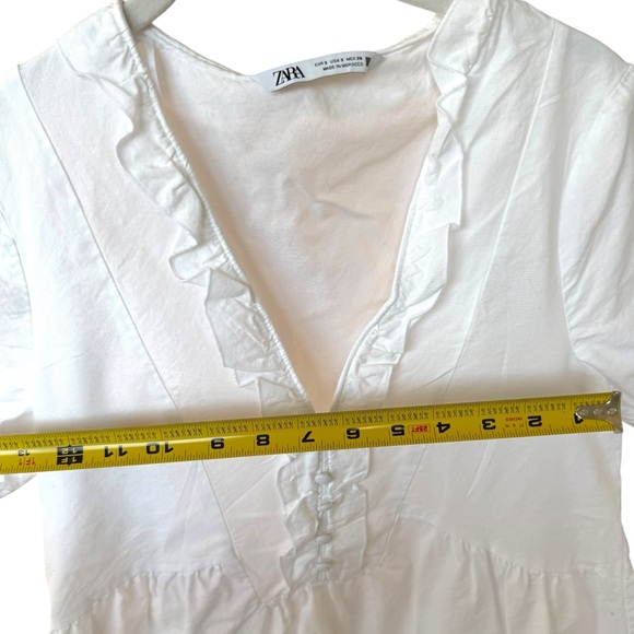 Zara White Babydoll Ruffle Mini Dress Cotton V-Neck - Small - Picture 6 of 12